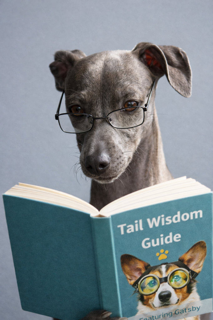 Dog reading a guidebook titled Tail Wisdom, representing learning about dog care and wellness.