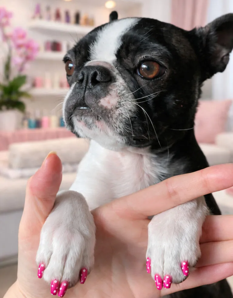 Pink polka dot dog nails on Boston Terrier during calm nail care session