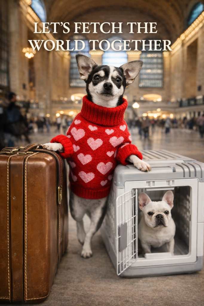 Dog standing by a suitcase and travel crate at a train station, ready for a trip with its owner.