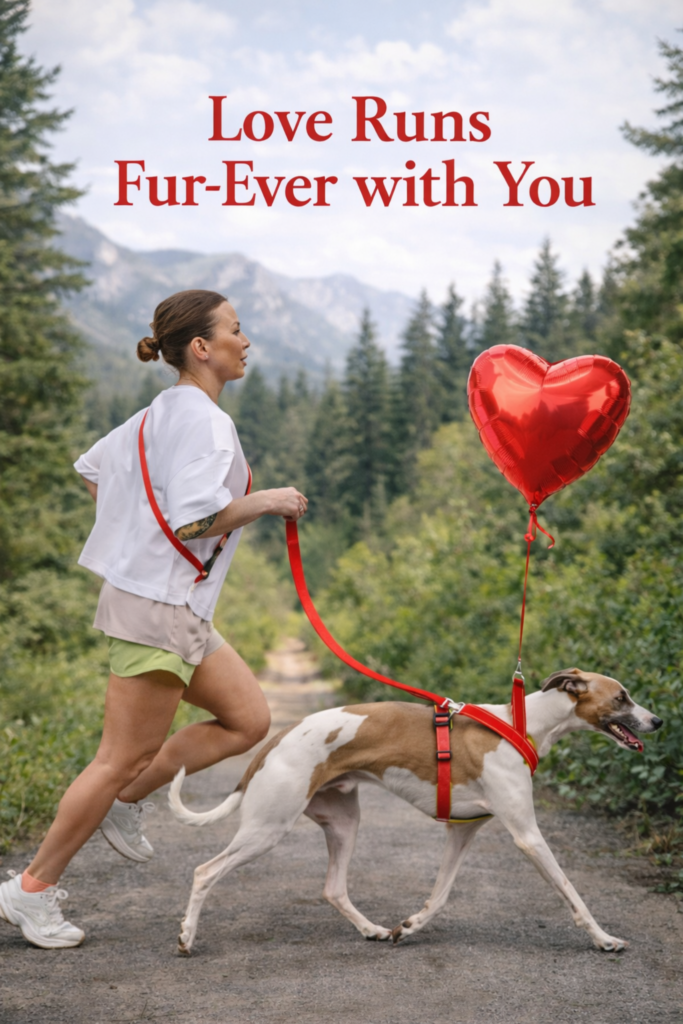 Dog running outdoors with its owner using a hands-free leash on a nature trail.