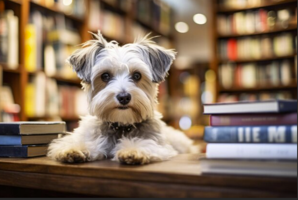 white calm dog at the library